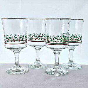 4 Arbys Christmas Holly Water Wine Glasses 6.5" gold rim 1980s red green stripe